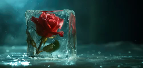 Foto op Aluminium Generative AI, frozen red rose flower in ice cube, greeting card or banner with copy space © Rymma