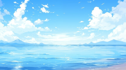 beautiful peaceful view of the ocean, white clear clouds and sun, anime artwork