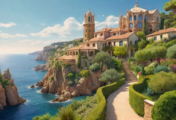 Naklejka premium Beautiful seascape overlooking a beautiful villa in Italy in a village with a lot of space and a vineyard, vacation and winemaking concept,