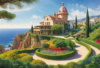 Fototapeta premium Beautiful seascape overlooking a beautiful villa in Italy in a village with a lot of space and a vineyard, vacation and winemaking concept,