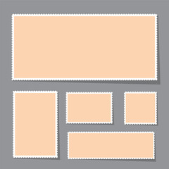 Set colorful blank postage stamp. Toothed border mailing postal sticker template. postal sticker with zig-zag edeges Vector graphic design. 11:11