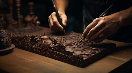 A master chocolatier's hands expertly crafting a beautiful Venezuelan chocolate sculpture, showcasing the intricate artistry of the confectionery world.