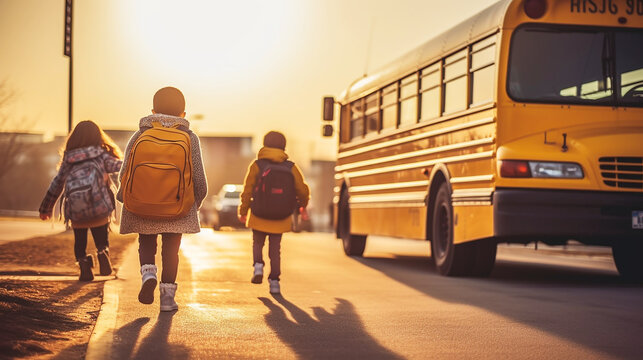 Children back to school with bus background