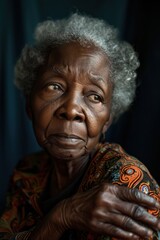 Obraz premium Elegance in Age: Portrait of a worried elder black woman