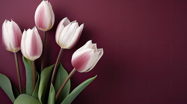 a bouquet featuring dark burgundy or white tulips against a plain background, providing an ideal composition for various uses, ample empty space for text or invitations.