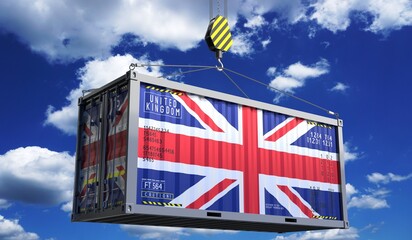Freight shipping container with national flag of United Kingdom hanging on crane hook - 3D illustration - obrazy, fototapety, plakaty