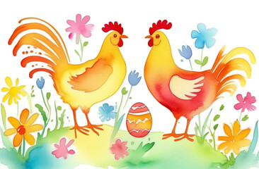 Easter postcard with chicken, rooster,  Easter children's watercolor drawing