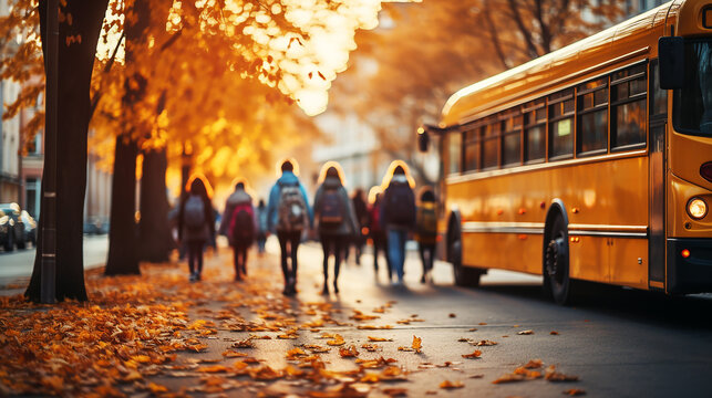 Children back to school with bus background