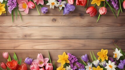 Fototapeta na wymiar vibrant spring flowers arranged on a wooden background, creating a visually appealing composition, empty space for text or invitations, making it suitable for various uses.