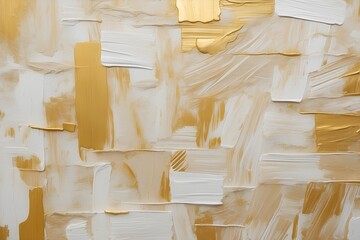 Closeup of abstract gold and white texture background painting. Oil, acrylic brushstroke, pallet knife paint on canvas. Contemporary art painting. 