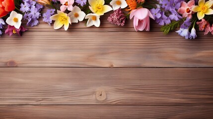 vibrant spring flowers arranged on a wooden background, creating a visually appealing composition, empty space for text or invitations, making it suitable for various uses.