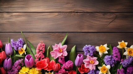 vibrant spring flowers arranged on a wooden background, creating a visually appealing composition, empty space for text or invitations, making it suitable for various uses.