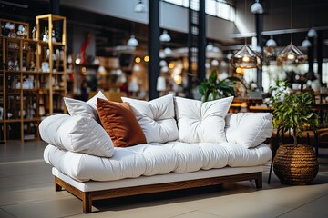 Furniture store with sofas and couches on display for sale, copy space. Furniture showroom interior - new fashionable modern stylish mattresses and beds