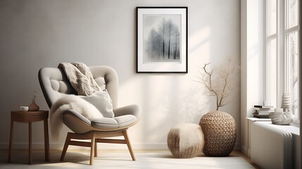 Scandinavian-style room with a knit chair and a framed art piece