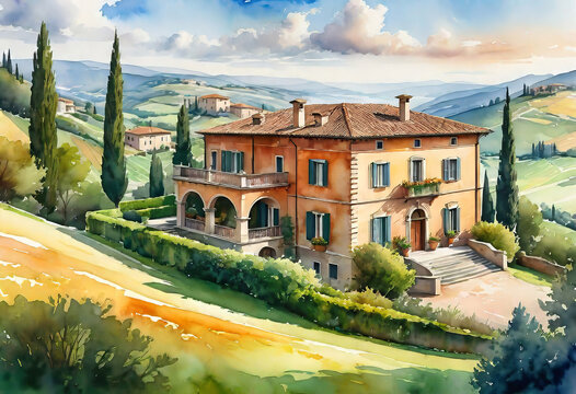 Watercolor illustration, view of a beautiful landscape with the sea with a fragment of a stunning villa in a village with a large space and a vineyard, watercolor painting