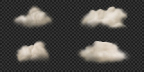 Set of realistic cotton clouds. Vector icons. White fluffy smoke isolated on transparent backdrop