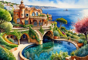 Foto op Canvas Watercolor illustration, view of a beautiful landscape with the sea with a fragment of a stunning villa in a village with a large space and a vineyard, watercolor painting © Perecciv