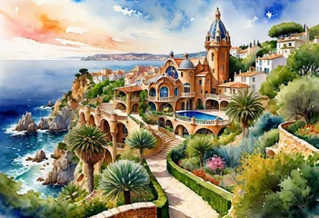  Watercolor illustration, view of a beautiful landscape with the sea with a fragment of a stunning villa in a village with a large space and a vineyard, watercolor painting © Perecciv