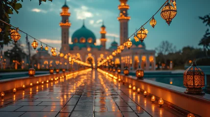 Fototapeten a mosque illuminated with lights and lanterns during the evening of Eid Mubarak © Nim