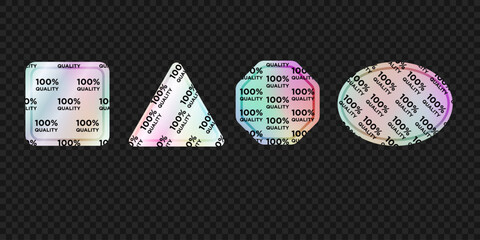 Set of vector icons of holographic badges. Gradient geometric seals isolated on transparent background