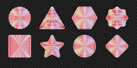Set of red holographic seals. Vector design elements. Various geometric shapes isolated on transparent backdrop