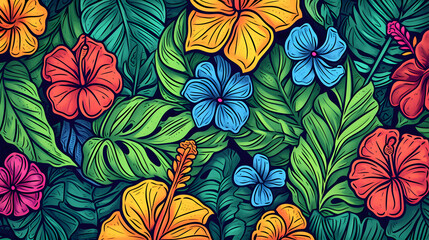 Illustrative tropical floral pattern with lush greenery and vibrant blooms.