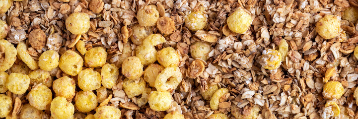 Granola cereal banner. Top view muesli background texture