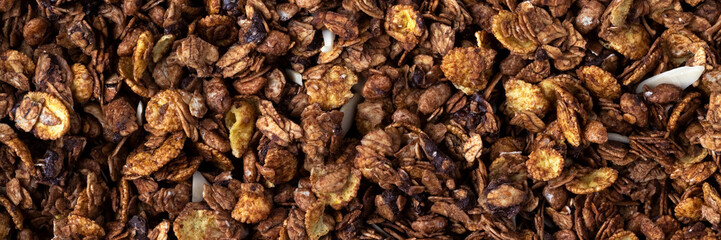 Granola cereal banner. Top view muesli background texture