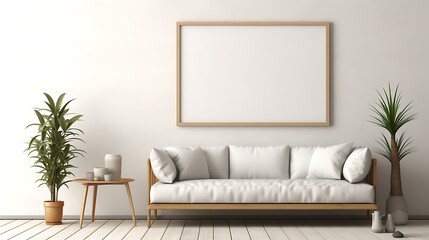 Single Mockup poster blank frame on a wall with clean lines and neutral furniture