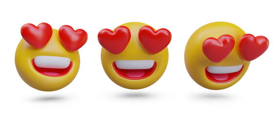 Set of emoticons in love with hearts instead of eyes. Adoration, admiration, fanaticism. Creative models in cartoon style. Motion effect, tilted templates