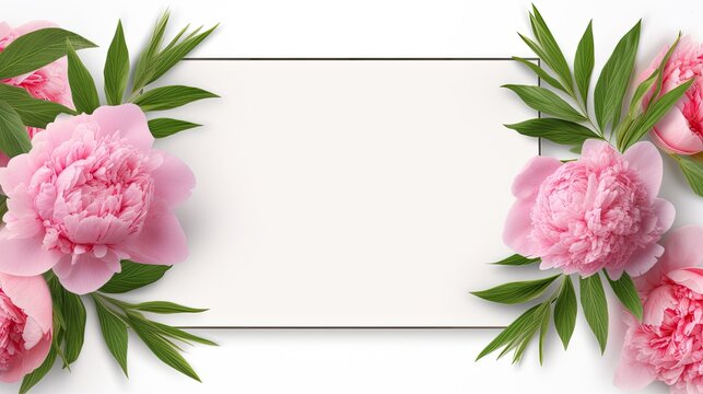 a banner featuring a delicate frame of pink peonies and green leaves on a white or pink background, a spring composition with ample copyspace, creating an inviting visual.