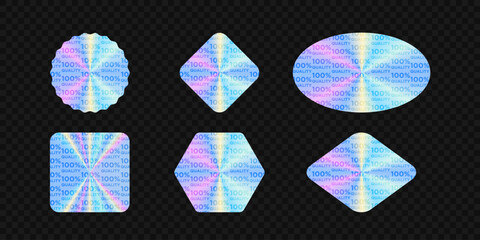 Set of vector hologram icons in geometric shapes. Various holographic seals isolated on transparent backdrop