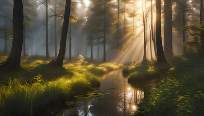 forest in thick dense fog with reflection of the sun's rays penetrating through foliage and puddles in the grass,