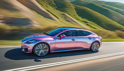 View of a business class car driving along the sea line at high speed. The car rushes through a beautiful landscape with trees,