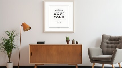 Statement Mockup poster blank frame above a retro chest of drawers in a cozy lounge