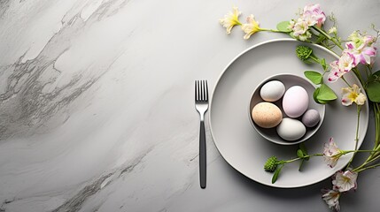 a beautifully set spring table for one person, adorned with hyacinth flowers and painted eggs, set against a gray concrete table, an inviting scene perfect for a holiday dinner.