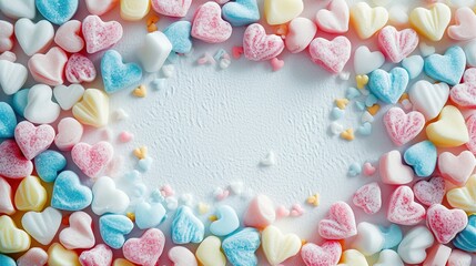 Frame with sweet heart candy. Sweetheart candies background, conversation sweets for valentines...
