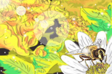 bee taking a polen of a flower, cientific ilustration - obrazy, fototapety, plakaty