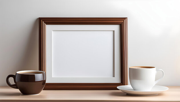 empty blank portrait in wooden photo frame, isolated on white background with cup of coffee, photo frame for design,