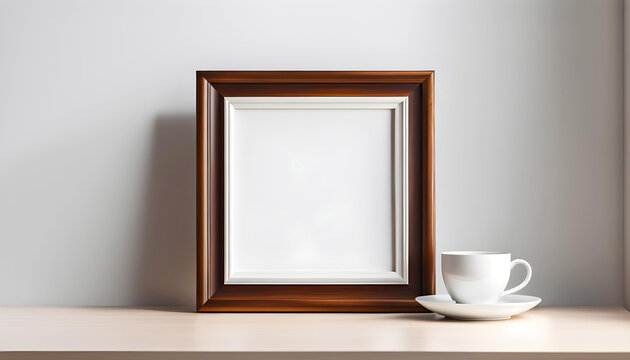 empty blank portrait in wooden photo frame, isolated on white background with cup of coffee, photo frame for design,