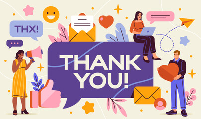 Thank you sign. Colorful banner or poster with grateful happy characters, hearts, smiling emoji and speech bubble with quote. Design element for greeting card. Cartoon flat vector illustration