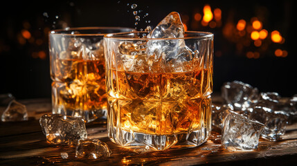 Ultra real whiskey mid-splash with droplets frozen