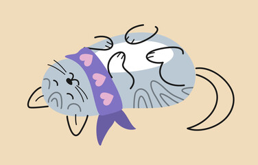 Cute cat for Valentines Day. Charming fluffy kitten in warm scarf with hearts. Romantic design for greeting card. Love and tenderness. Cartoon flat vector illustration isolated on beige background