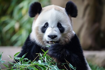 A majestic giant panda blissfully indulges in a feast of bamboo, showcasing its charming snout and...