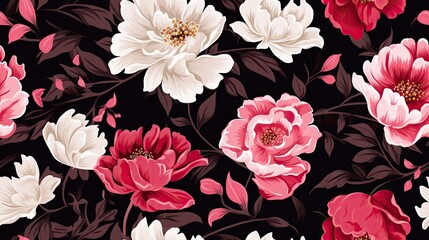 a floral summer seamless pattern with garden peonies in dark red, white, on a black background, appealing pattern suitable for fabrics, textiles, paper, wallpaper SEAMLESS PATTERN. SEAMLESS WALLPAPER.