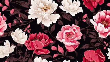 Fototapeten a floral summer seamless pattern with garden peonies in dark red, white, on a black background, appealing pattern suitable for fabrics, textiles, paper, wallpaper SEAMLESS PATTERN. SEAMLESS WALLPAPER. © lililia