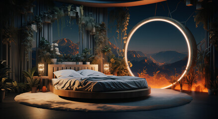 Abstract futuristic healthy natural green floral bedroom with a bed looking at the mountains.