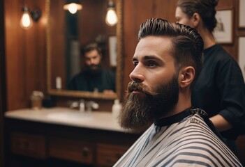 handsome bearded male in a hairdresser salon, Men's beard and hairstyle at a hairdressing shop - obrazy, fototapety, plakaty