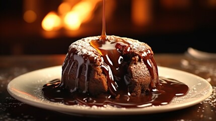 A molten chocolate lava cake being served on a dessert plate in