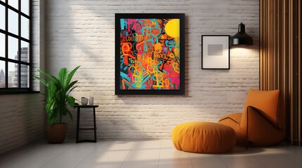 Vibrant Mockup poster blank frame on a wall adorned with artistic graffiti